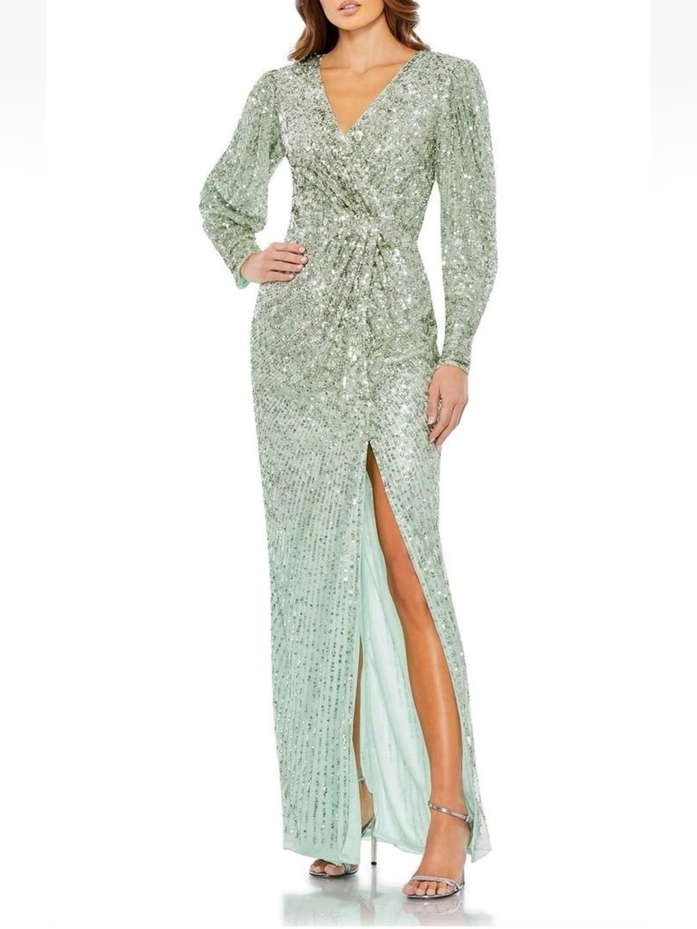 Mac Duggal Seafoam Green Sequin Embellished Faux Wrap Puff Sleeve Gown